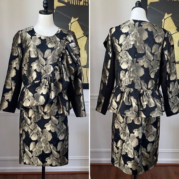 Ashro Larhonda Wardrober 3 Pc Peplum Jacket Skirt Pants Gold Black 12 - Picture 2 of 15
